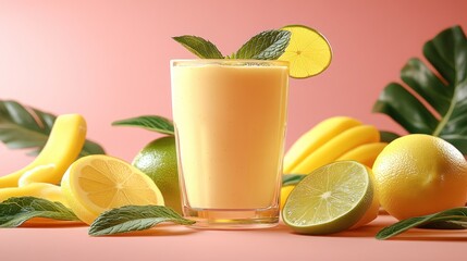 Fototapeta premium Tropical fruit smoothie, pink background, studio shot