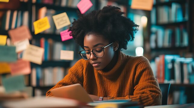 A student sitting in a library, focused on studying with motivational sticky notes on their desk