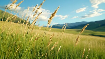 Fototapeta premium Sprawling prairie with tall grasses swaying under a blue sky with fluffy clouds