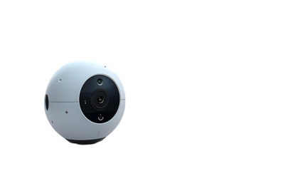 A spherical camera with a single lens on a white background. The camera appears to be a VR camera, used for capturing 360-degree footage.