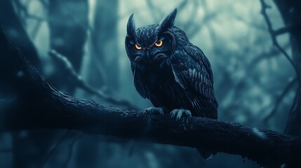 A sinister owl demon perched on a dark branch with piercing glowing eyes