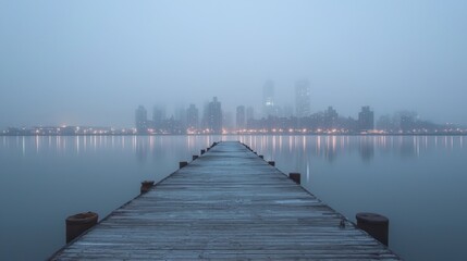 Naklejka premium Moody Urban Landscape: Gritty Industrial Pier at Dusk with City Skyline Reflection on Calm Waters - Cinematic Shot
