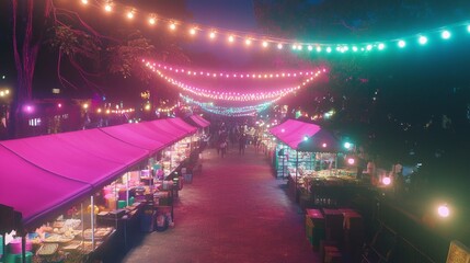 Illuminated Festival Night Market with Vibrant Food Stalls under Colorful String Lights - Cinematic Ultra-Detailed Image