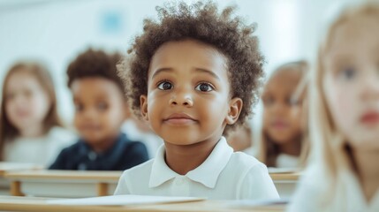 Young children sit in bright classroom. Diverse kids in primary school participate in interactive learning. Students engaged in education. Positive learning environment. Group collaboration