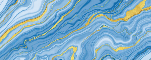 Seamless Liquid Marble Texture Pattern with White, Blue, and Golden Lines for Abstract Agate Design