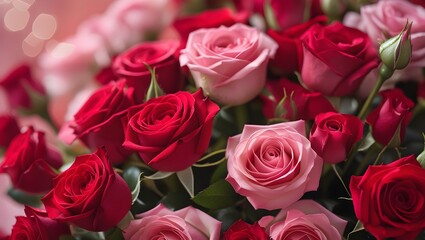 Fototapeta premium Beautiful pink and red roses background, close up. 