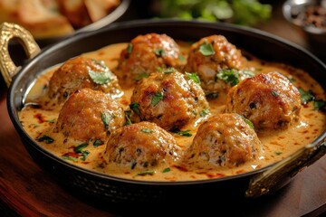 Meatballs in a rich creamy sauce, possibly inspired by Indian cuisine. The chicken meatballs are cooked to perfection and bathed in melted cheese.