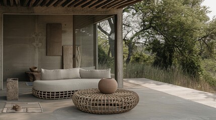 Obraz premium A round coffee table with rattan weaving 
