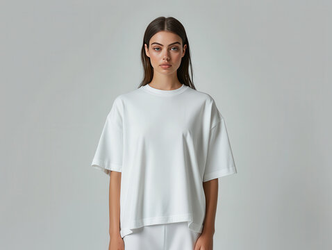 Oversized white t shirt on model, showcasing modern style and fit