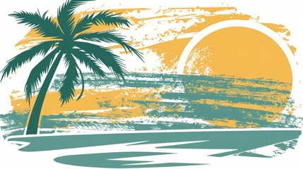 Obraz premium a palm tree on an island with a sun in yellow and green colors5