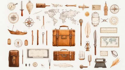 A vintage travel collage featuring maps, bags, nautical tools, and exploration artifacts that inspire adventure and discovery.