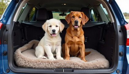 Two dogs sitting in the back of a car, ideal for travel blogs, pet transportation tips, and road trip content