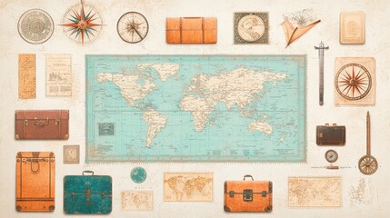 A vintage travel montage featuring a world map, compasses, old suitcases, and travel documents, evoking a sense of adventure and exploration.