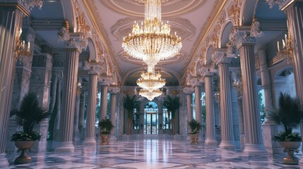 Obraz premium Elegance Illuminated: Luxurious Hotel FaÃ§ade with Grand Chandelier Lighting Amidst Urban Hustle and Bustle