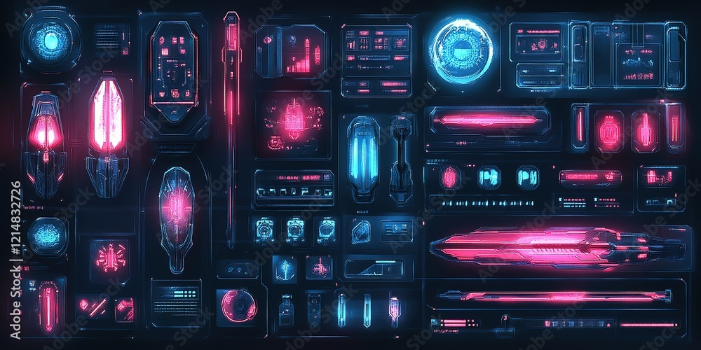 Poster high-tech futuristic display with glowing elements and interactive interface features for advanced t