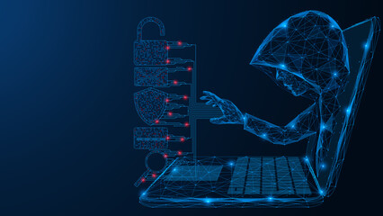 Hacker in a hood gets access to user data from a laptop screen. A polygonal drawing of interconnected lines and dots. Blue background.