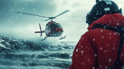 A dramatic rescue mission unfolding in extreme weather conditions, ensuring survival.