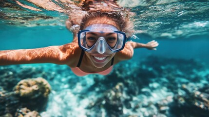 Naklejka premium Joyful woman snorkeling underwater in a vibrant coral reef.