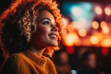 A person sitting in a movie theater with popcorn, laughing and reacting with wide-eyed excitement during an action-packed scene