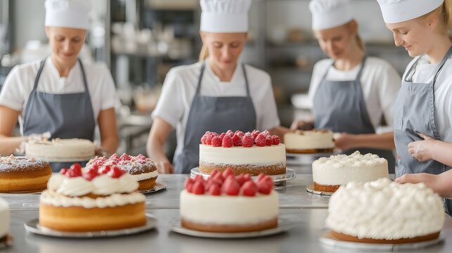 Diverse Team of Professional Bakers Decorating Cakes in an Industrial Bakery