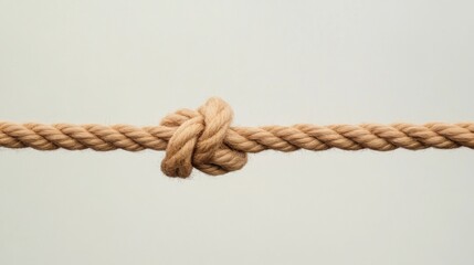 Close-up of a simple knot tied in a thick, light brown rope against a white background.