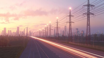 Obraz premium Urban Exploration: Cinematic View of Pylons Illuminated with Hazard Beacons Along Highway Path into Cityscape