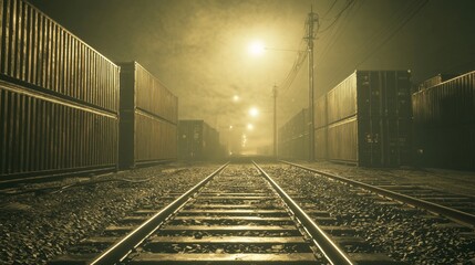 Obraz premium Industrial Glow in Grungy Train Yard - Cinematic Urban Scene with Freight Containers Silhouetted Against Bright Station Lights in Distance