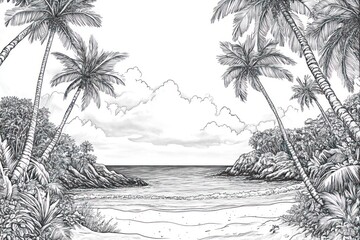 Tropical beach sketch, palm trees framing ocean view, idyllic scene, design element