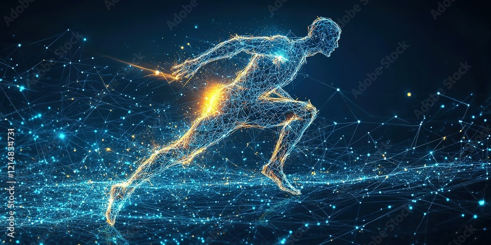 Poster dynamic representation of a runner in a futuristic environment using glowing lines and digital eleme