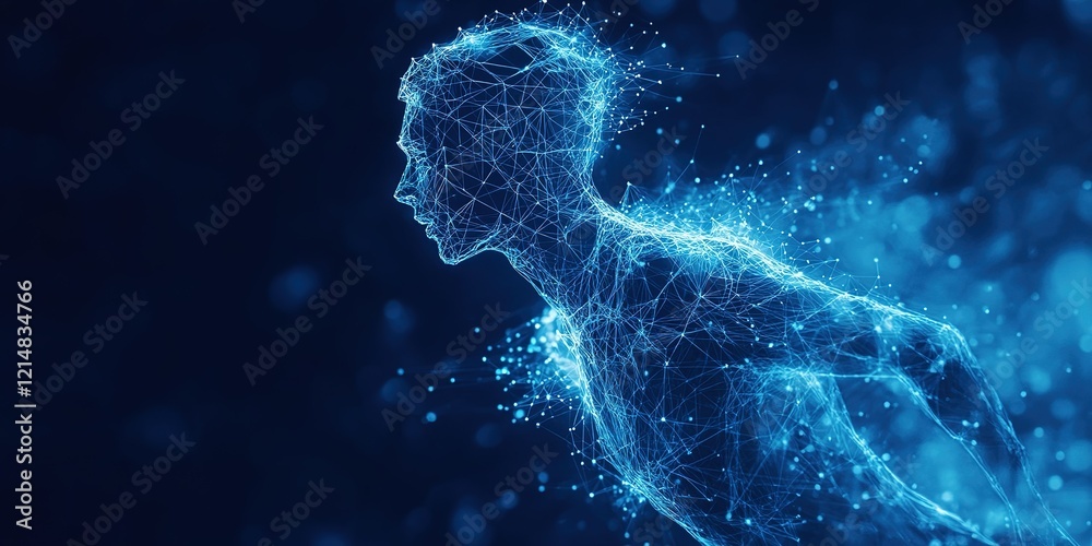Poster digital representation of a human figure in motion, showcasing data visualization and cybernetic ele