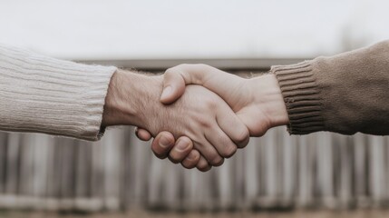 Close-up of two men shaking hands outdoors.