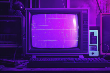 80s Retro wave style background displayed on vintage computer screen. VHS noise and glitch effects. Bright purple colors. Old display