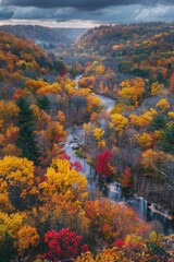 Vibrant forest with fall foliage, river and mountain backdrop, misty valley atmosphere.