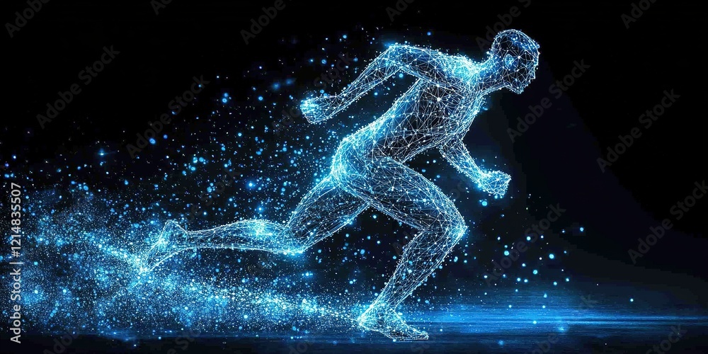 Poster digital representation of a runner in a futuristic style emphasizing speed and motion in a dark envi