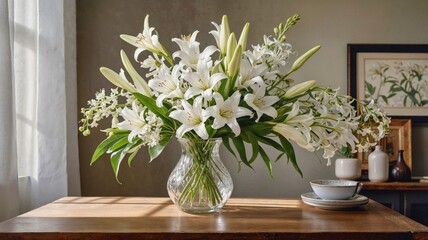 Elegant bouquet of white lilies in a glass vase, arranged beautifully with natural green leaves, exuding freshness and charm, perfect for home decor or celebrations