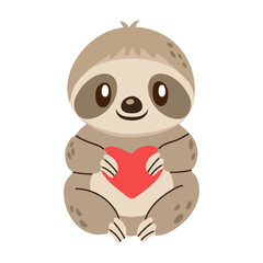 Cute sloth holding a red heart with a friendly smile on a white background. Adorable animal illustration perfect for Valentine's Day, cards, prints, and childrens designs.