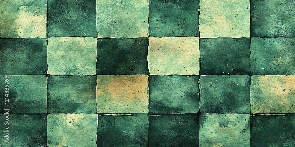 Poster textured green and beige square tile pattern with watercolor effect creating a soothing visual exper