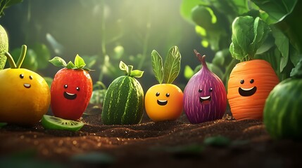 A Row of Smiling Fruits and Vegetables in a Garden