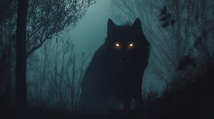 A shadowy creature shaped like a wolf with glowing eyes lurking in the night