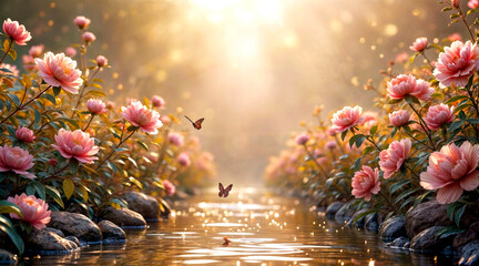 Ethereal Garden Stream with Blooming Flowers and Butterflies at Sunrise