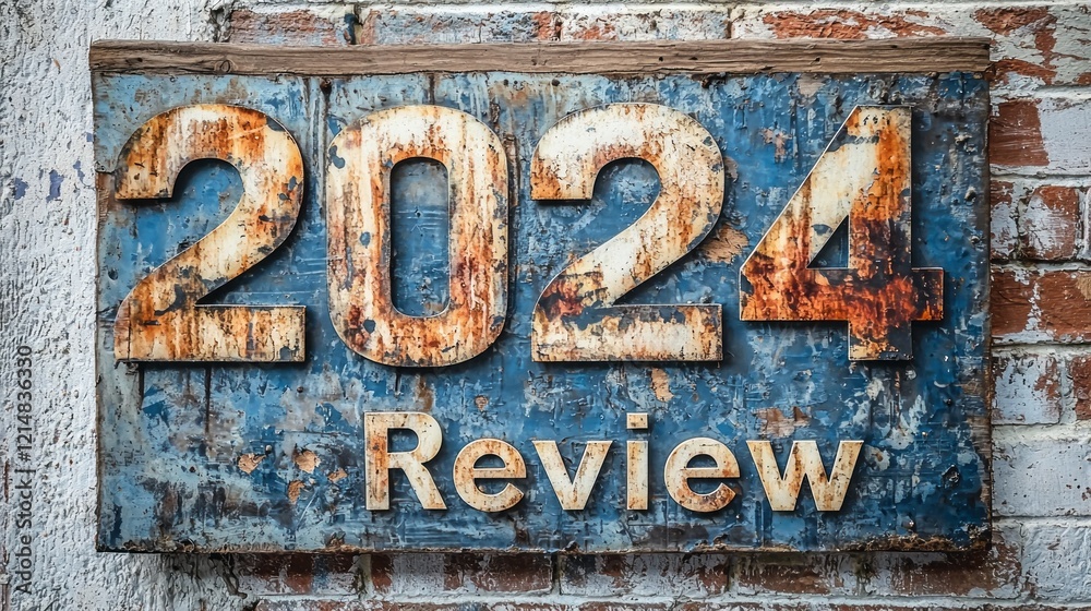 Poster a weathered wooden sign displays the numbers 2024 alongside the word review, symbolizing reflection 