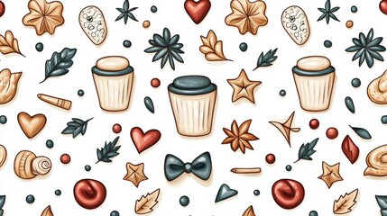 Colorful and whimsical pattern featuring various objects like cups, leaves, bows, and decorative shapes, perfect for creative projects and designs.