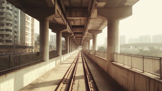 Elevated train tracks vanishing point perspective under urban highway.