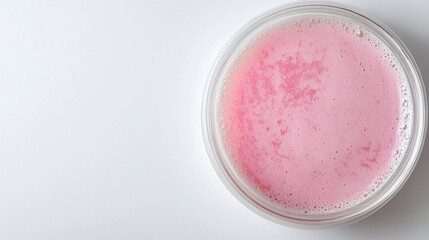 close up view of pink beverage in clear bowl, showcasing its frothy texture and vibrant color. minimalist background enhances drink appeal