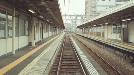 Obraz premium Empty train station platform with tracks receding into the distance on an overcast day.