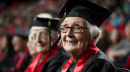 Elderly Woman Smiles at Graduation Ceremony with Other Graduates in Background