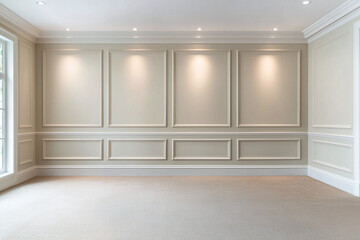 Fototapeta premium serene room with light beige French style walls, elegant moldings, and soft lighting creates calm atmosphere. spacious area is perfect for various interior designs