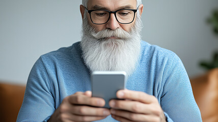 senior man with long white beard and glasses is focused on his smartphone, wearing light blue sweater. His expression shows concentration and engagement with device