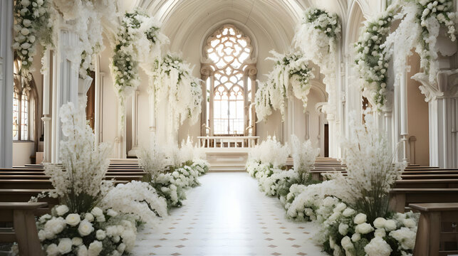 White Flowers Decorated Chapel Interior with Elegant Floral Arrangements Beautifully Enhance the Venue's Ambiance.