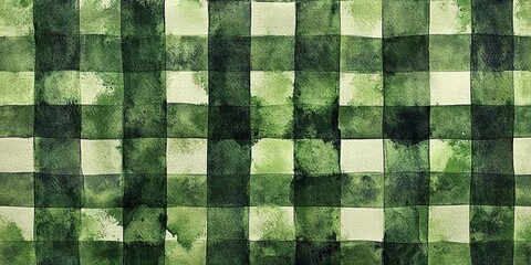 Green watercolor checkered pattern showcasing various shades and textures of green in a cohesive design
